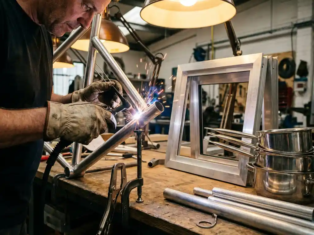 Handen lassen een aluminium fietsframe op werkbank, vonken spattend, met gepolijste aluminiumproducten in achtergrond