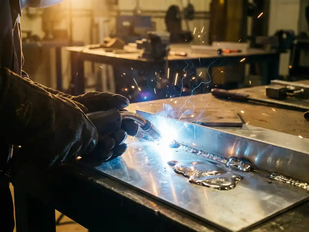 Gelaste handen begeleiden blauw-witte lasboog over glanzende aluminium plaat met vonken en gesmolten metaal in industriële werkplaats
