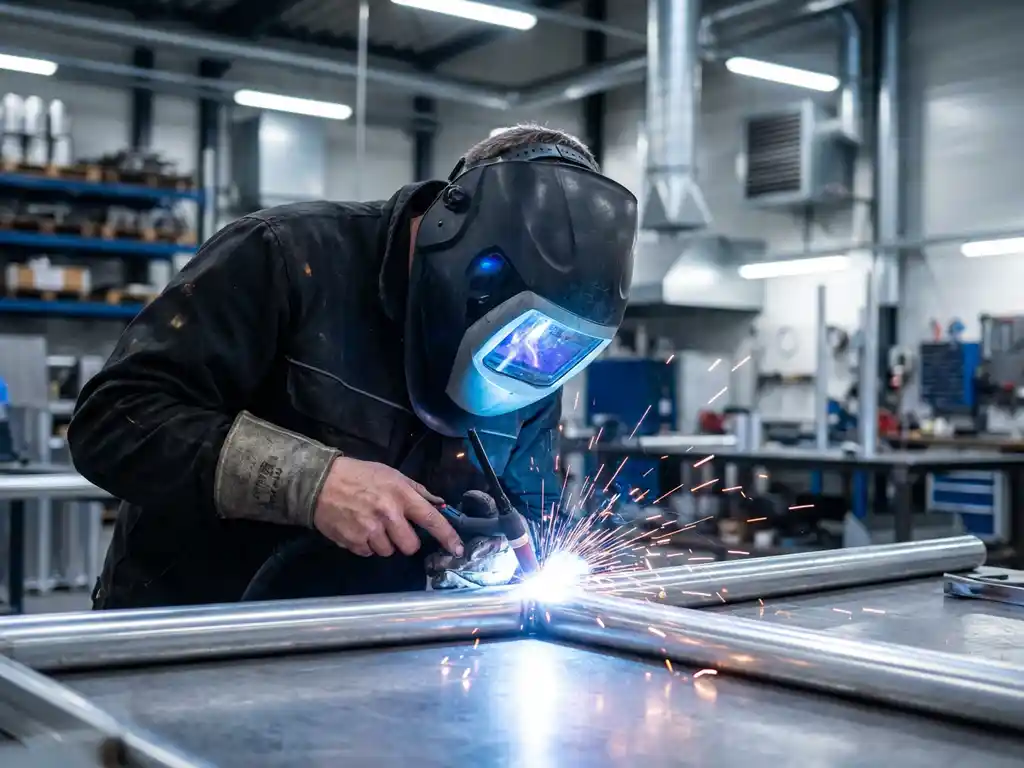 Lasser in beschermende kleding voegt aluminiumdelen samen met heldere lasboog, vonken spatten in moderne werkplaats