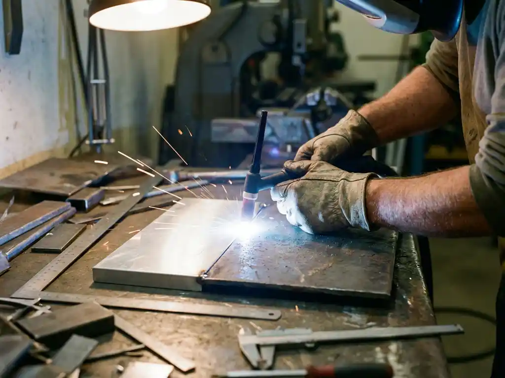 Gelaste handen voegen aluminium en stalen plaat samen met heldere lasboog en vonken in professionele werkplaats