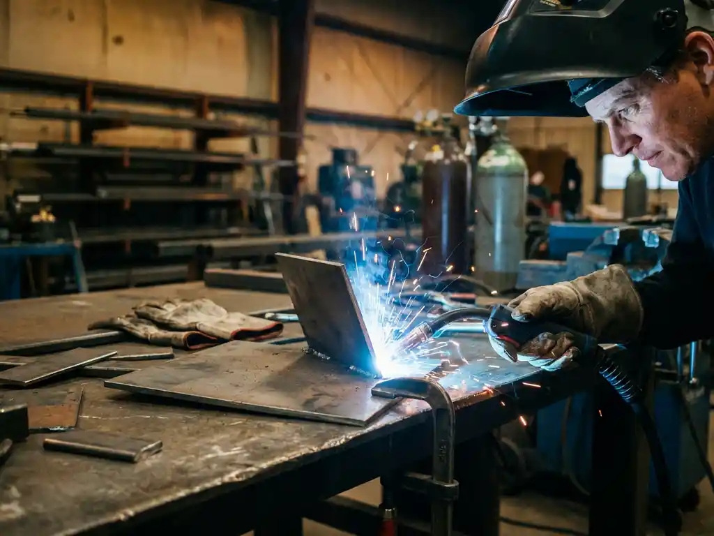 Beginnende lasser met lastoorts creëert blauwe vonken op staal, beschermingsmasker omhoog, werkbank met oefenstukken en handschoenen