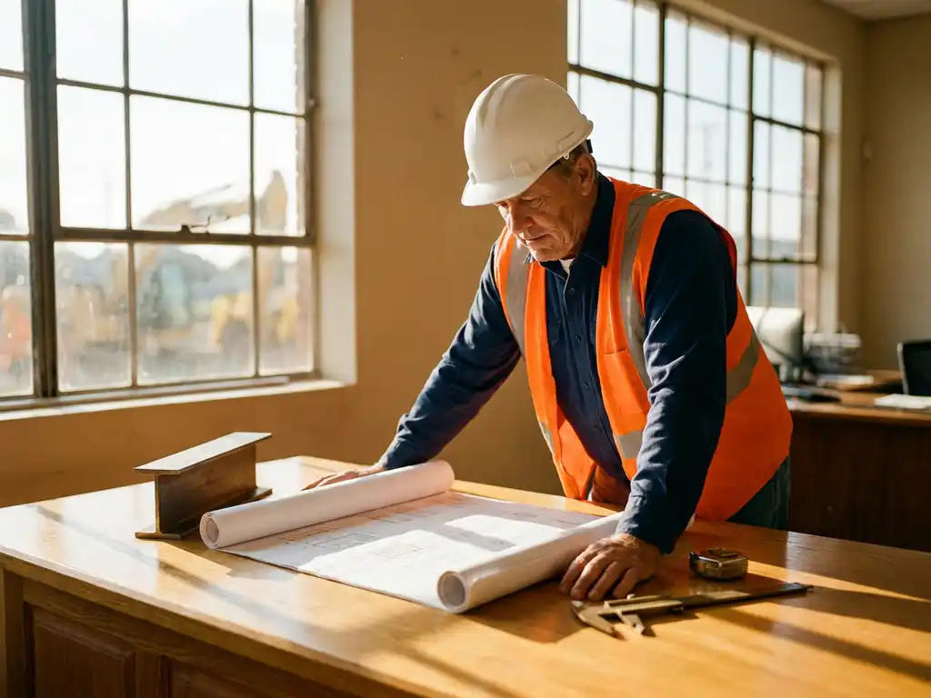 Bouwplaatsmanager in witte helm bestudeert bouwplannen aan houten bureau met gereedschap en stalen balk model