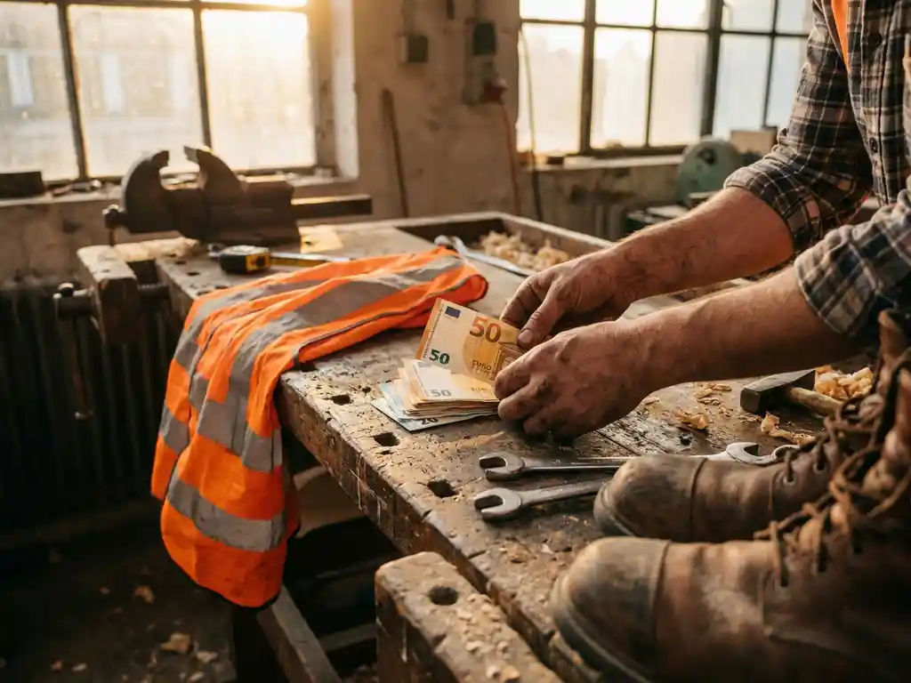 Bouwvakker telt eurobiljetten op houten werkbank met gereedschap en veiligheidskleding