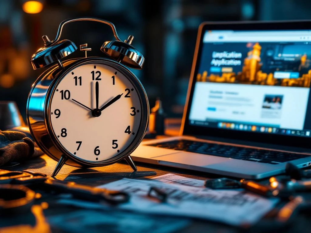 Klok toont 11:59 naast laptop met universiteitsdeadline, omringd door metaalbewerking gereedschap en technische tekeningen