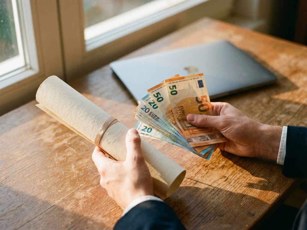 Handen houden diploma en eurobankbiljetten boven bureau met laptop, symboliserend uitwisseling onderwijs en geld