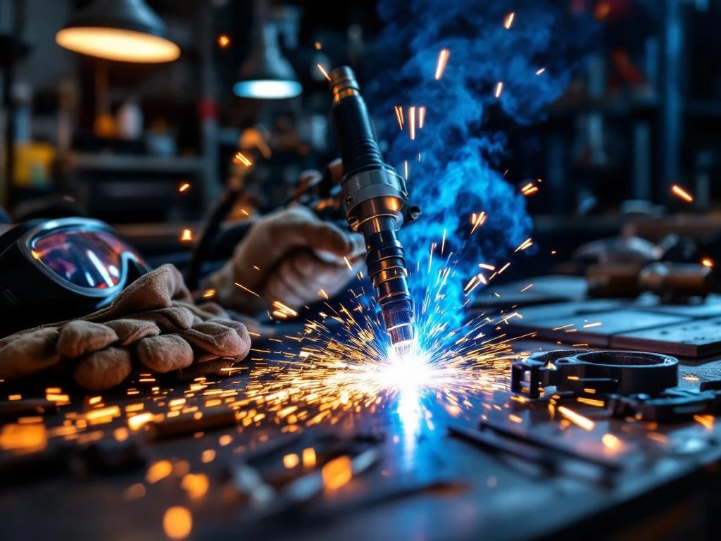 Lasstorch met blauwe vonken op donkere werkbank omringd door veiligheidsbril, handschoenen en lasgereedschap