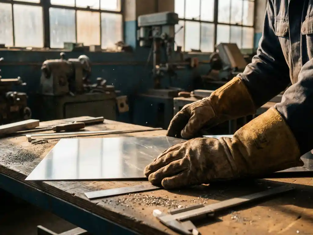 Gehandschoende handen positioneren geborsteld aluminium op werkbank met gereedschap en metaalspanen in zonlicht