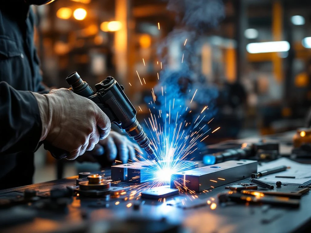 Lasser bedient moderne lastoorts die blauwe vonken produceert op stalen werkstuk in professionele werkplaats