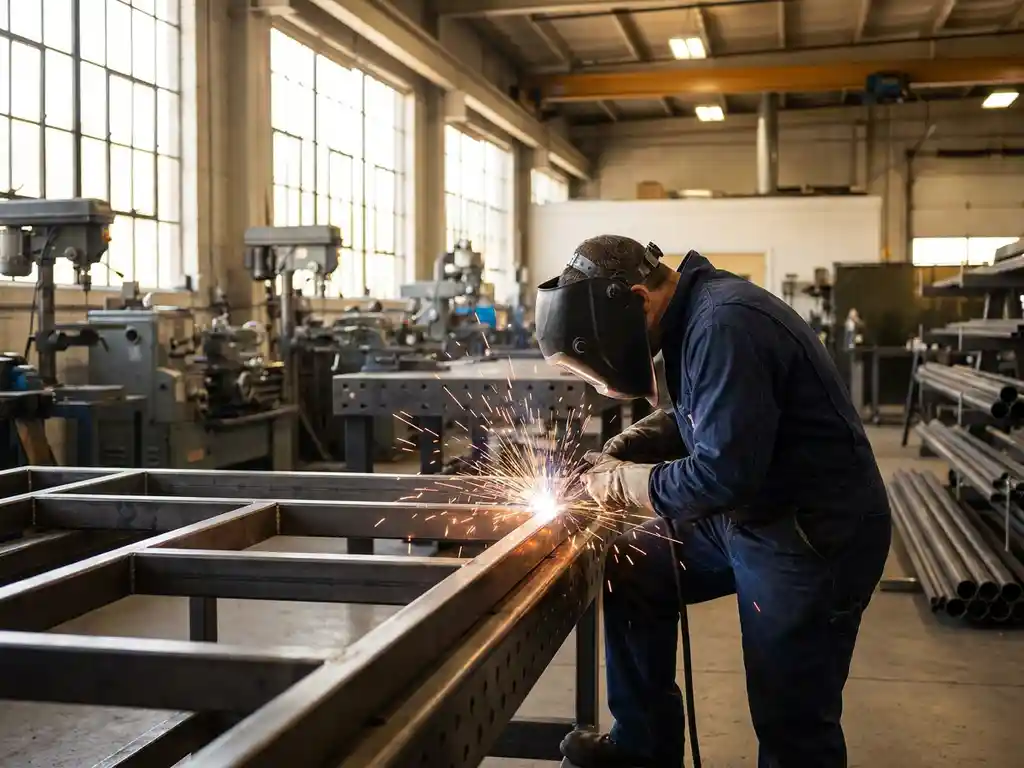 Metaalbewerker last stalen frame met oranje vonken in moderne werkplaats met daglicht