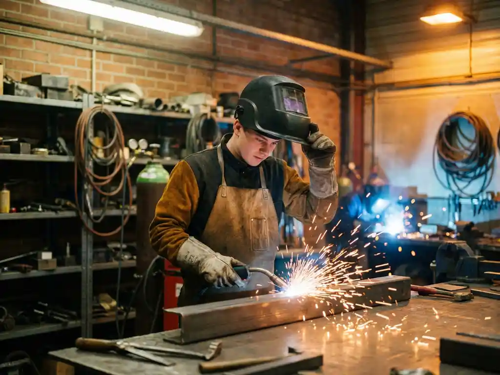 Lasstudent zet donkere lashelm op terwijl oranje vonken van werkstuk spatten in industriële werkplaats