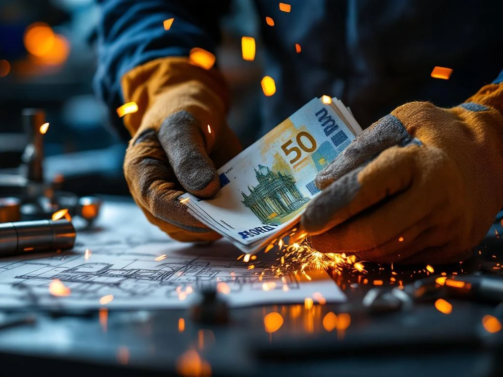 Handen in laswanten houden eurobiljetten vast met lasvonken en technische tekeningen op werkbank