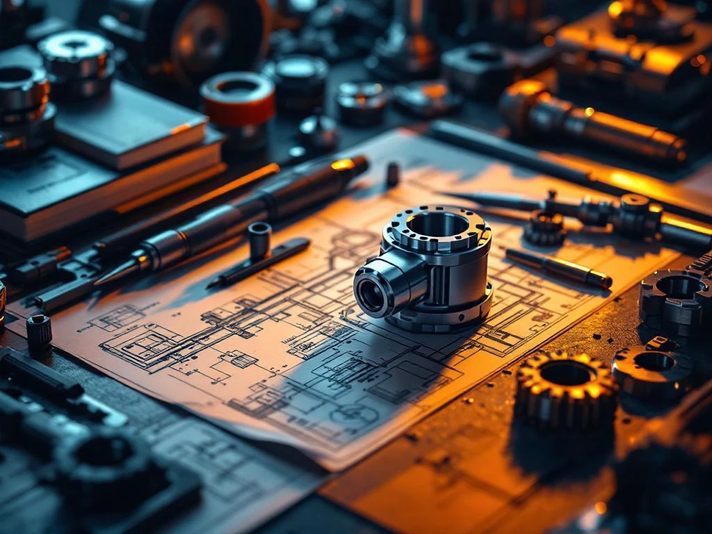 CNC-gefreesd metalen onderdeel omringd door precisie-instrumenten, meetgereedschap en technische tekeningen op werkbank