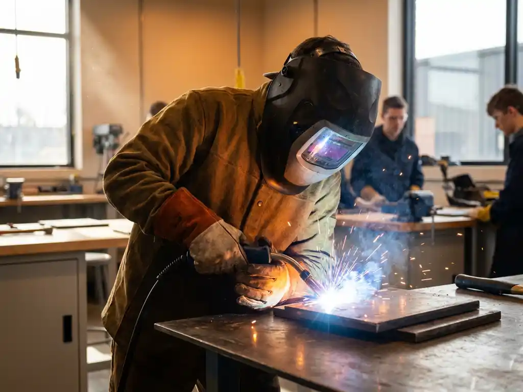 Lasser in beschermende uitrusting creëert blauwe vonken tijdens het lassen van metalen platen in moderne werkplaats