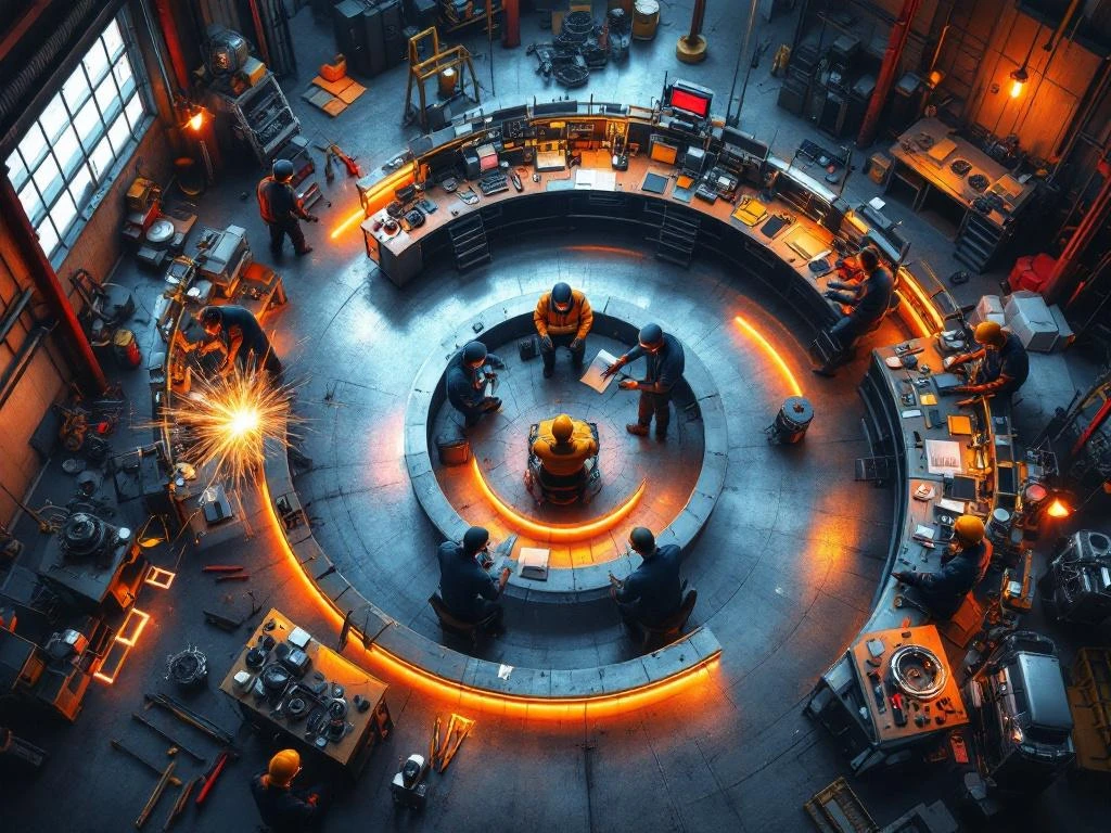 Werkplaats met diverse technische beroepen vanuit vogelvlucht: lassen, machines, bouw- en auto-onderdelen op werkbanken