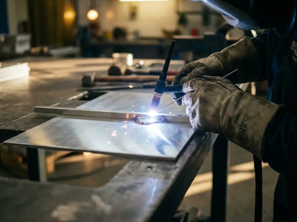 Lasser voegt aluminium platen samen met TIG-lassen, blauwe lasboog verlicht gesmolten metaal en vonken in werkplaats