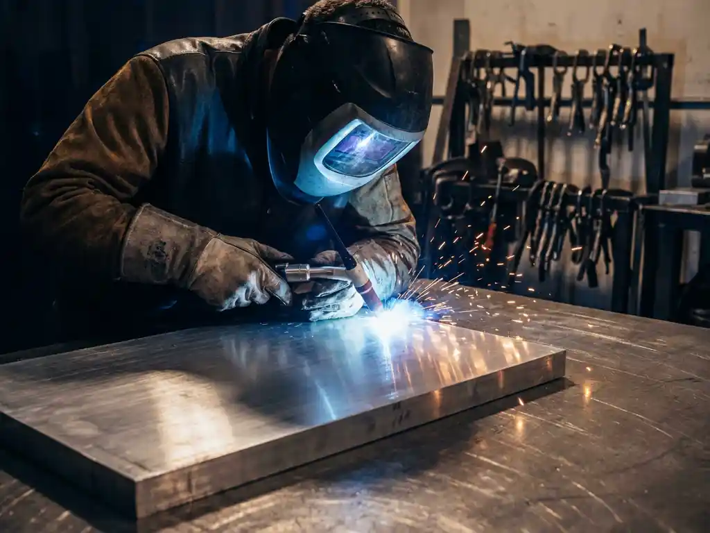 Lasser met TIG-toorts op geborsteld aluminium, blauwe arcvonken en dramatische belichting in professionele werkplaats