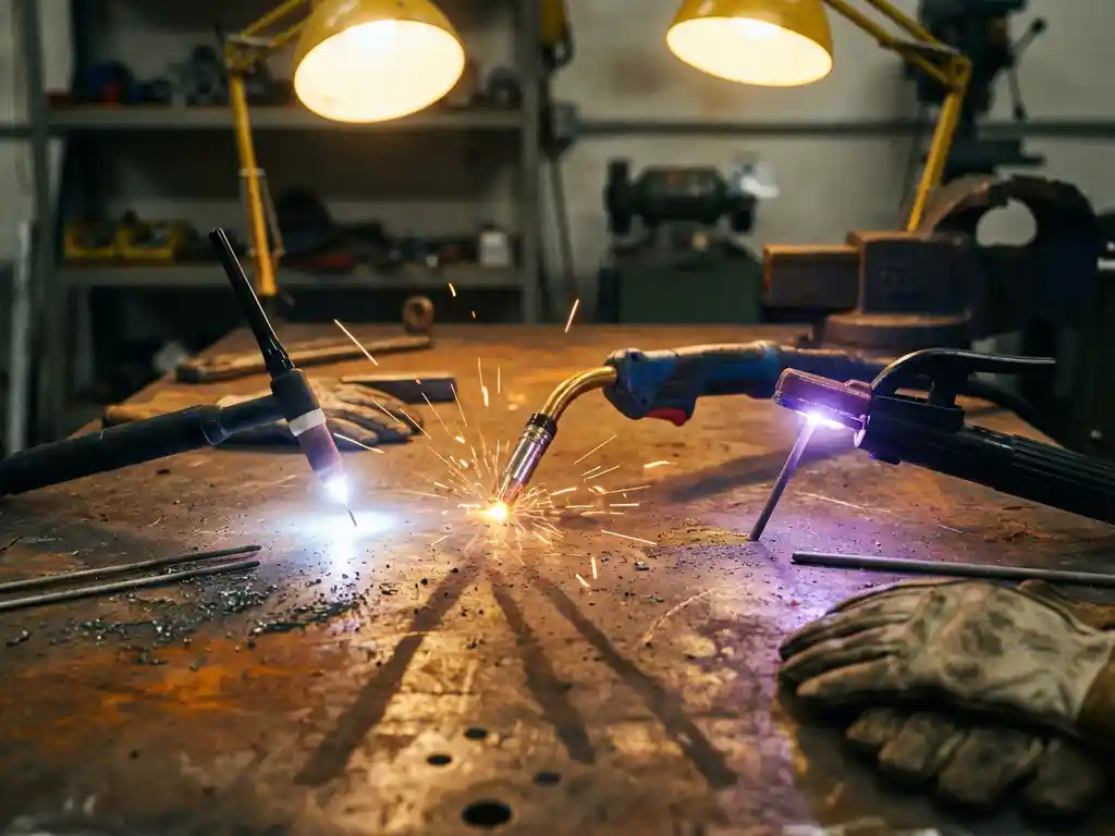 Drie lastoortsen creëren wit-blauwe TIG-vlam, oranje MIG-vonken en violette elektrode-gloed op verweerde stalen werkbank